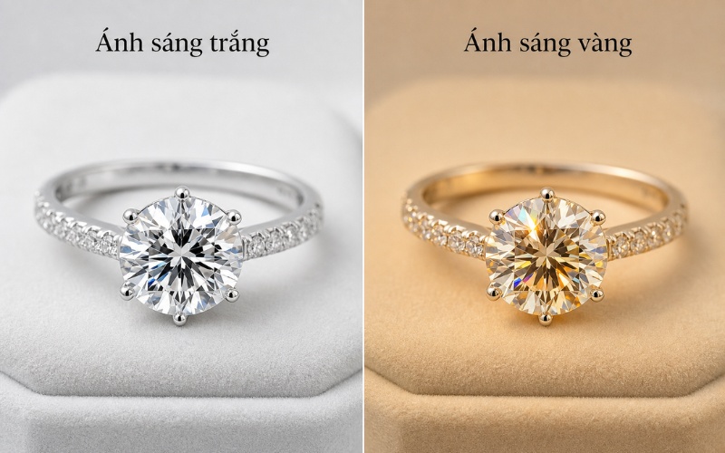 Hiệu ứng ánh sáng của kim cương 100 giác cắt trong ánh sáng trắng và ánh sáng vàng