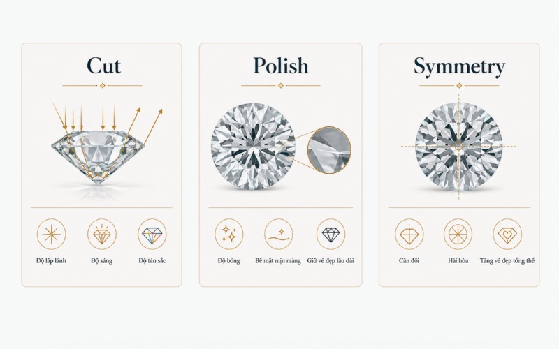 Kim cương 3EX là viên kim cương đạt mức Excellent ở cả 3 tiêu chí gồm Cut, Polish và Symmetry