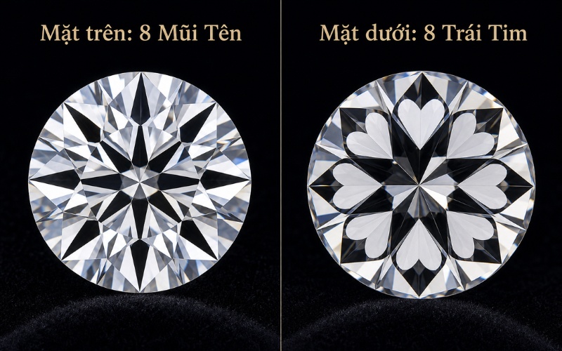 Mặt trên và mặt dưới của kim cương 8 Hearts & 8 Arrows