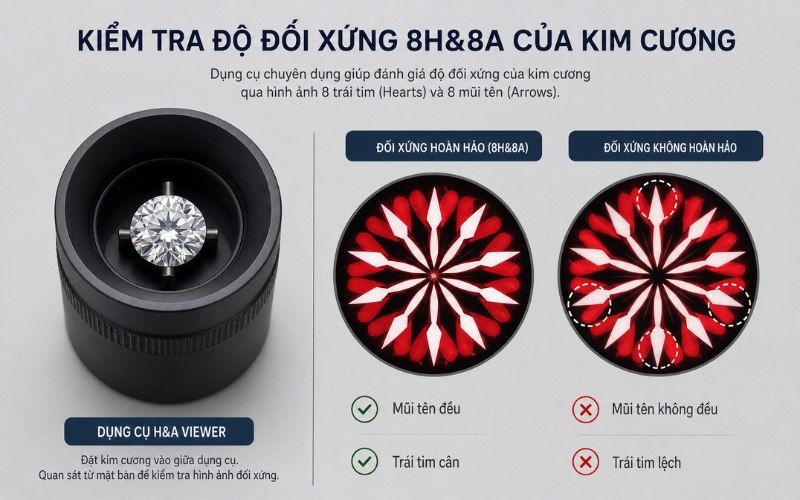 Cách nhận biết kim cương 8 tim 8 mũi tên bằng kính soi