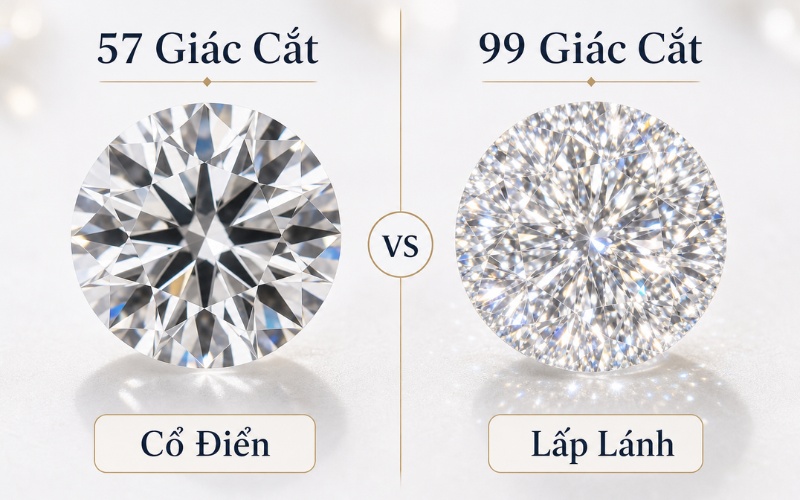 Mật độ điểm sáng của kim cương 57 giác và 99 giác cắt