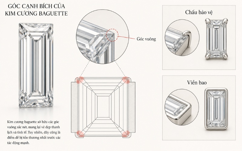 Góc vuông của Baguette và các kiểu setting bảo vệ