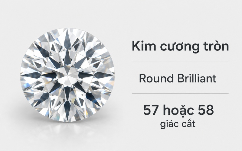 Với kiểu dáng tròn Round Brilliant phổ biến nhất trên nhẫn đính hôn và trang sức cưới, mốc chuẩn thường rơi vào 57 hoặc 58 giác cắt