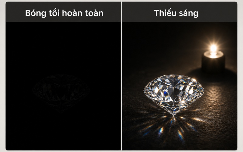 Kim cương trong bóng tối và ở nơi thiếu sáng nhưng còn nguồn sáng phụ