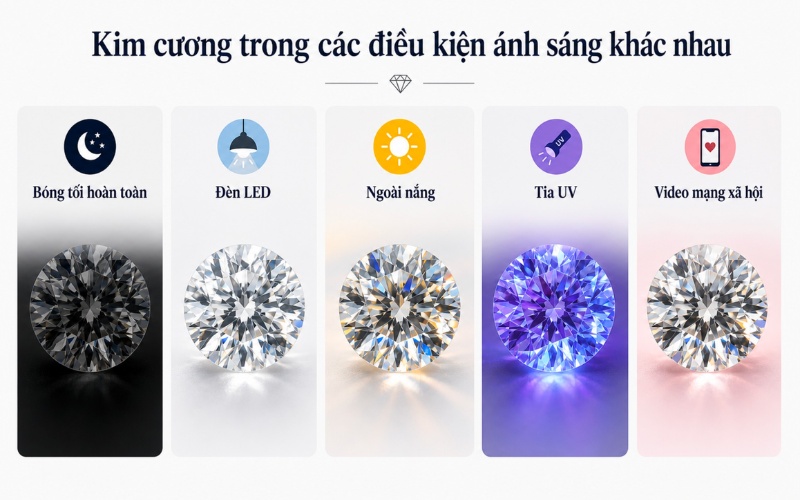 Cách kim cương phản xạ ánh sáng trong các điều kiện môi trường khác nhau