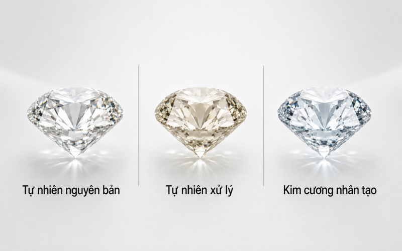 So sánh kim cương tự nhiên, kim cương đã qua xử lý màu và kim cương nhân tạo
