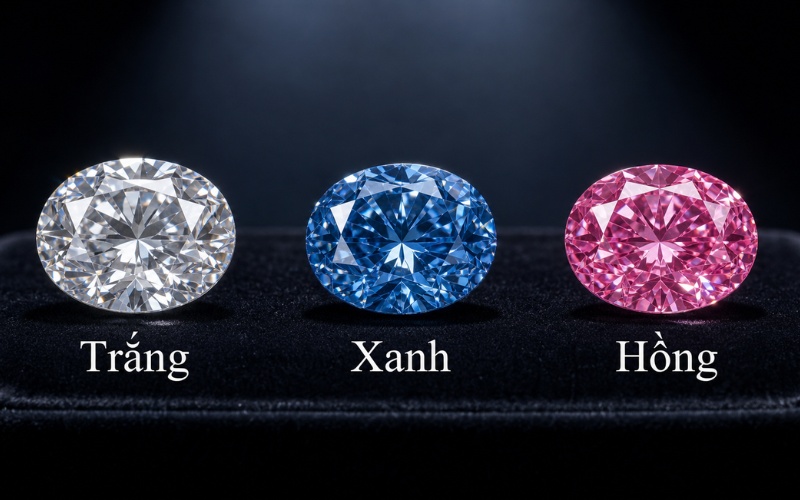 Kim cương trắng, kim cương xanh và kim cương hồng