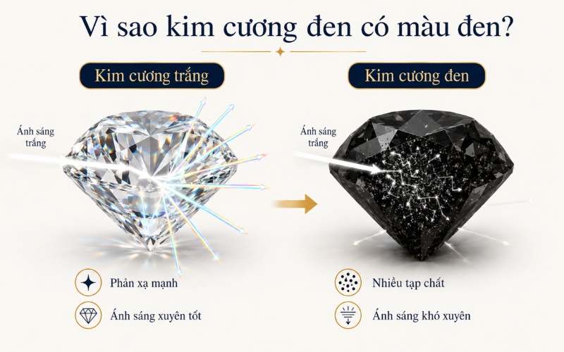 Kim cương đen có cấu trúc dày tạp chất làm ánh sáng khó xuyên qua
