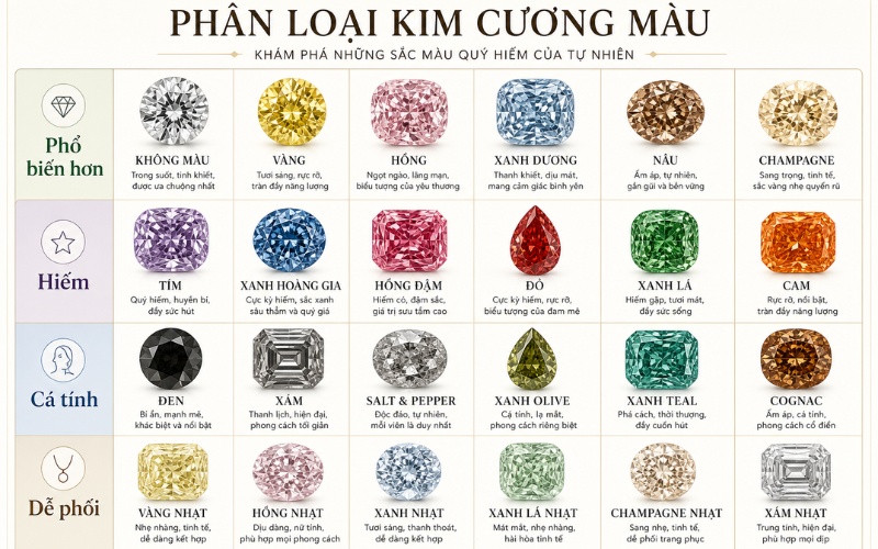 Các màu kim cương fancy phổ biến và quý hiếm