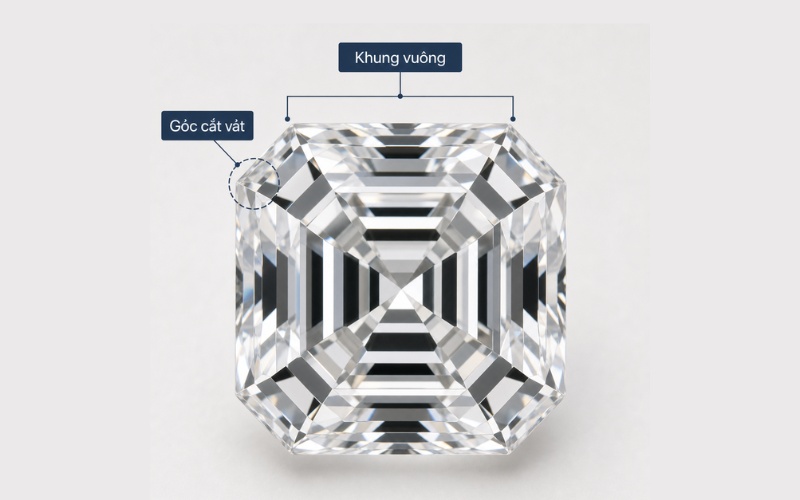 Kim cương giác cắt Asscher hình vuông cắt vát nhìn từ trên xuống
