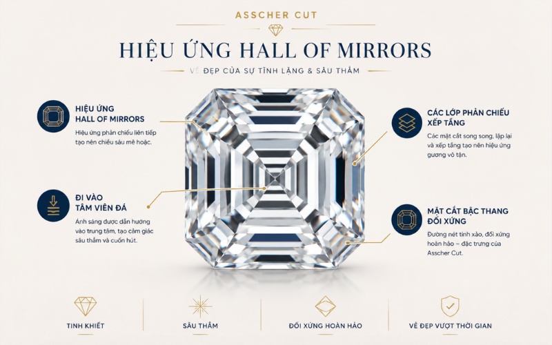 Hiệu ứng Hall of mirrors trên kim cương Asscher