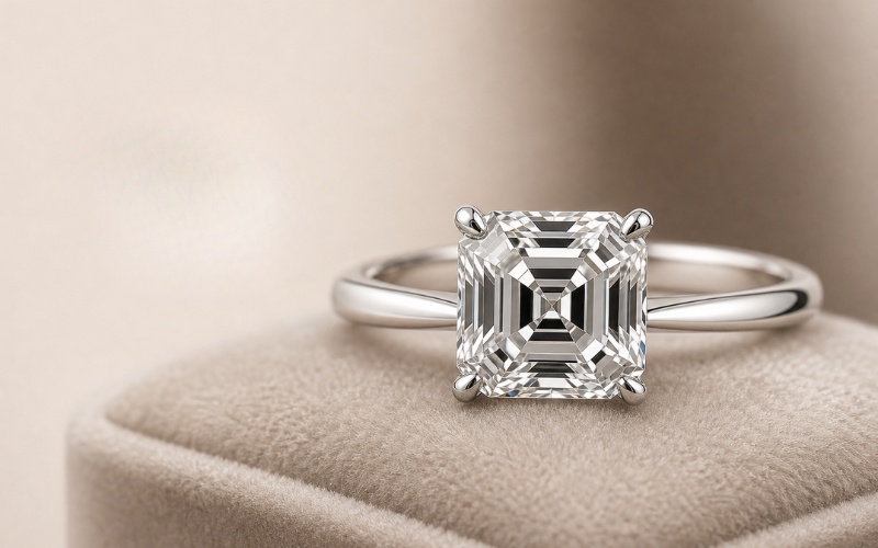 Nhẫn solitaire gắn kim cương Asscher