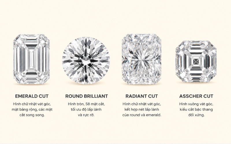 So sánh giác cắt Emerald với Round Brilliant, Radiant và Asscher