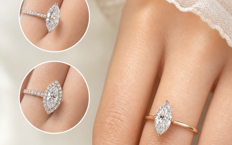 Nhẫn đính hôn Marquise kiểu solitaire và halo