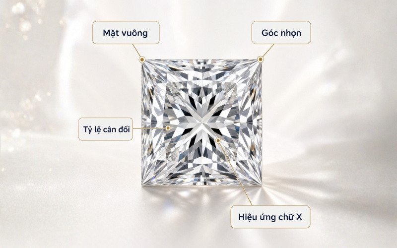 Kim cương giác cắt Princess với 4 góc nhọn và hiệu ứng chữ X