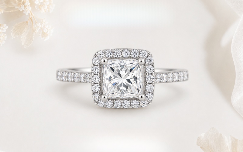 Nhẫn đính hôn kim cương Princess kiểu halo hiện đại
