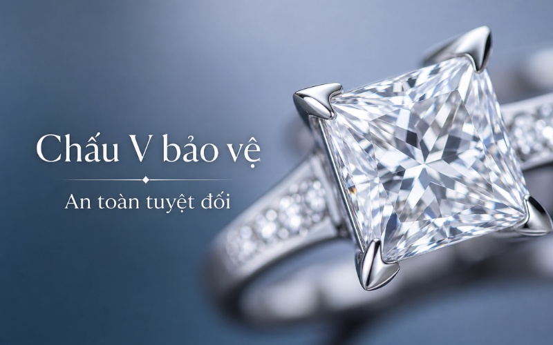 Thiết kế chấu V bảo vệ viền góc của kim cương giác cắt Princess