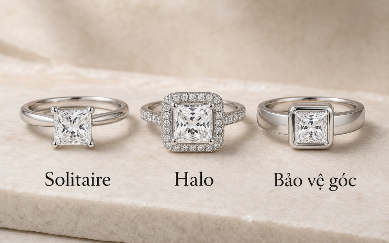 Nhẫn cầu hôn kim cương Princess kiểu Solitaire, Halo và chấu bảo vệ