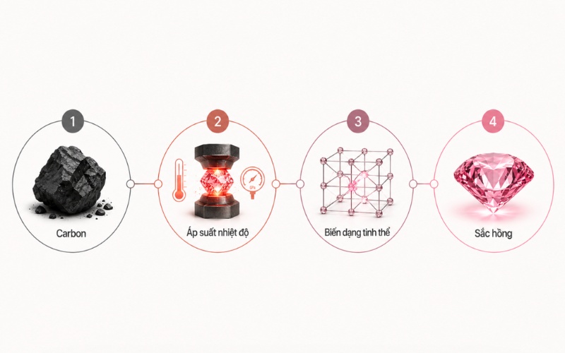 Cơ chế hình thành màu hồng của kim cương từ carbon và biến dạng cấu trúc tinh thể