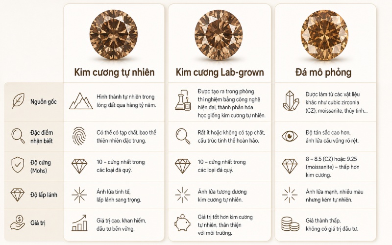 Phân biệt kim cương nâu thật tự nhiên với kim cương nâu nhân tạo và đá mô phỏng