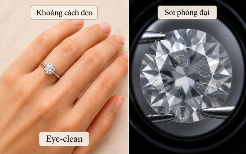 Kim cương SI1 nhìn ở khoảng cách đeo nhẫn và soi sát dưới phóng đại