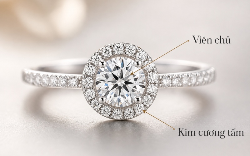 Kim cương đính phụ sẽ có kích thước nhỏ hơn rõ rệt so với viên trung tâm