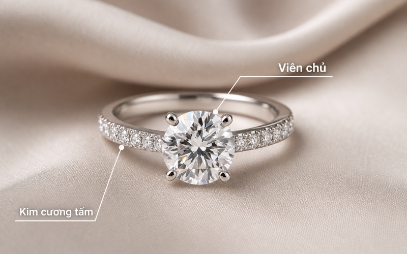 Với nhẫn cưới kim cương tấm, bạn sẽ thường thấy đá nhỏ đính dọc thân nhẫn để tạo đường sáng thanh mảnh