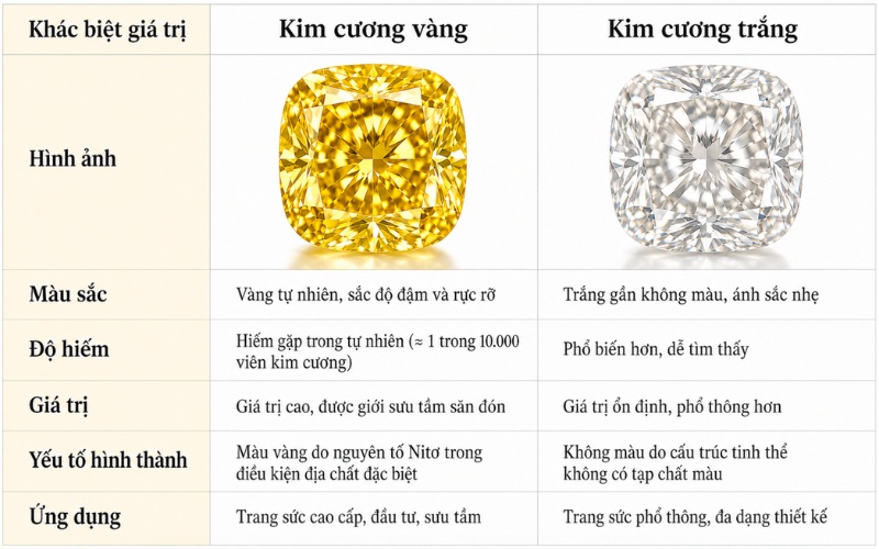 Bảng so sánh kim cương vàng và kim cương trắng ám vàng