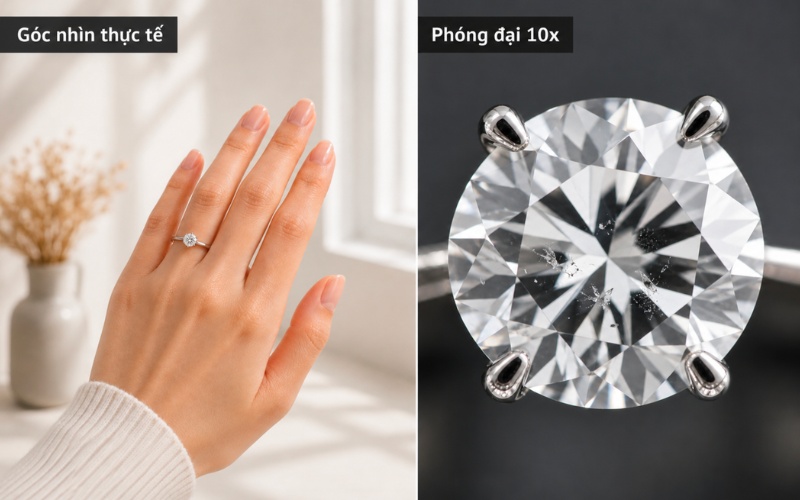 Kim cương VS2 khi nhìn thực tế và ảnh phóng đại