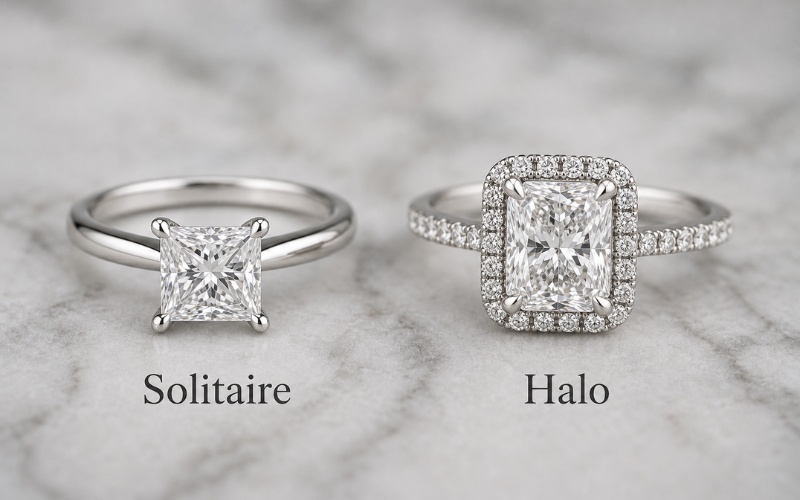 Nhẫn cầu hôn đính đá vuông kiểu solitaire và halo