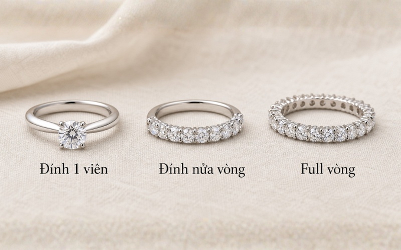 So sánh nhẫn cưới đính 1 viên, nửa vòng và full vòng kim cương