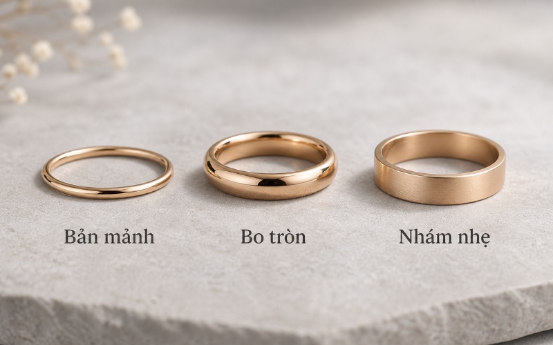 Nhẫn cưới trơn truyền thống với các kiểu dáng thiết kế khác nhau
