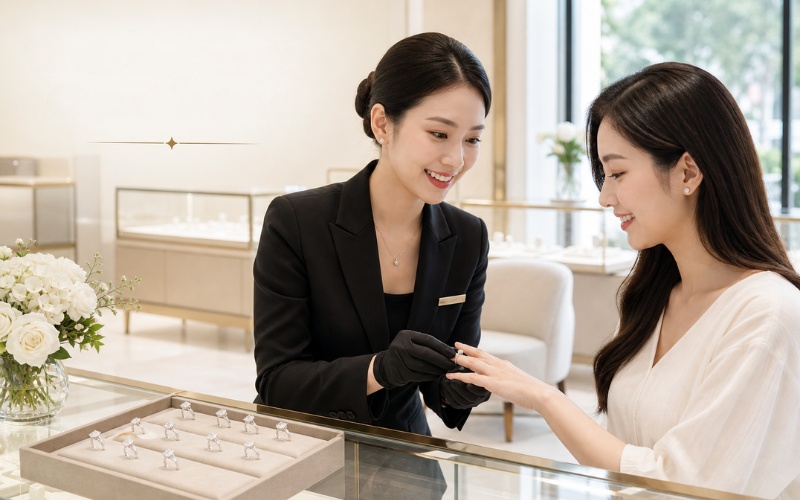 Tư vấn viên hỗ trợ khách hàng thử nhẫn tại showroom