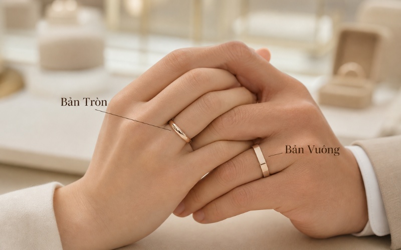 Nhẫn cưới bản tròn và nhẫn cưới bản vuông khi đeo trên tay