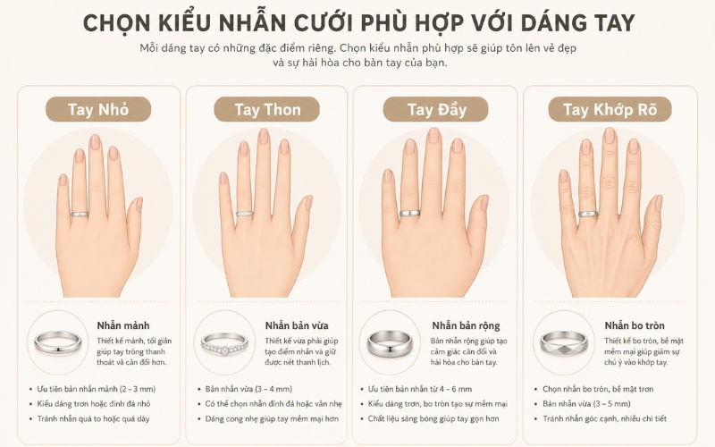 Cách chọn form nhẫn phù hợp theo dáng tay cô dâu chú rể