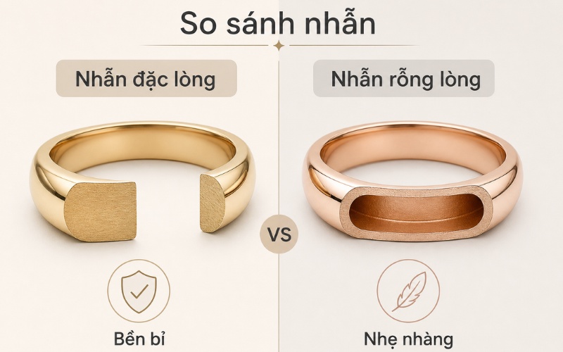 So sánh nhẫn cưới đặc lòng rỗng lòng theo độ bền và cảm giác đeo