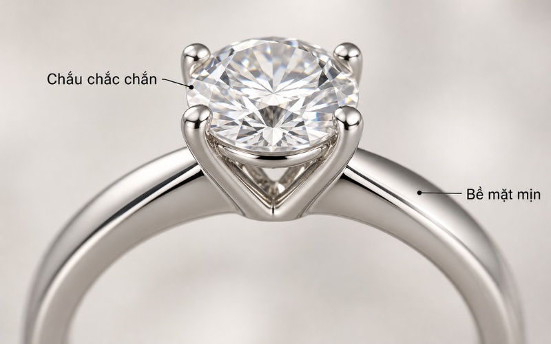 Chấu giữ đá, thân nhẫn và bề mặt hoàn thiện của nhẫn cưới kim cương