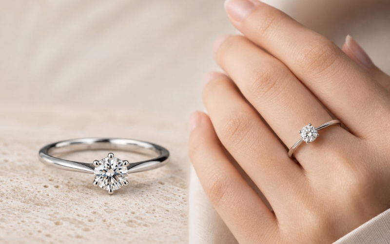 Nhẫn Solitaire thiết kế bản trơn tối giản, nổi bật với viên đá chủ