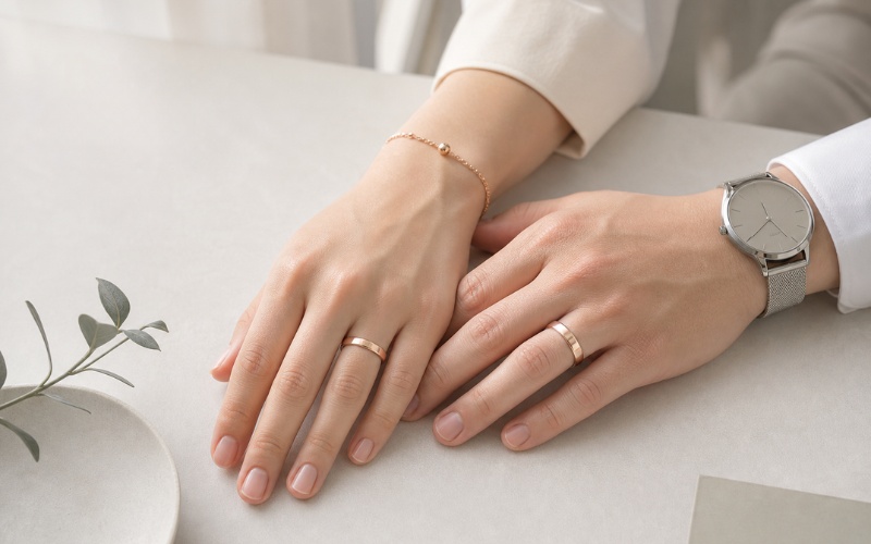 Nhẫn cưới phong cách Hàn phù hợp đeo cùng đồng hồ hoặc vòng tay mảnh
