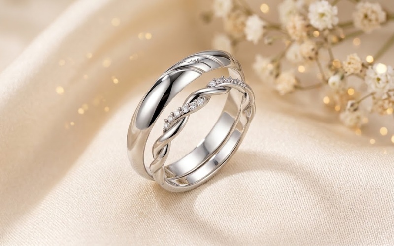 Nhẫn cưới A185 với đường nét uốn xoắn lãng mạn đính đá tấm