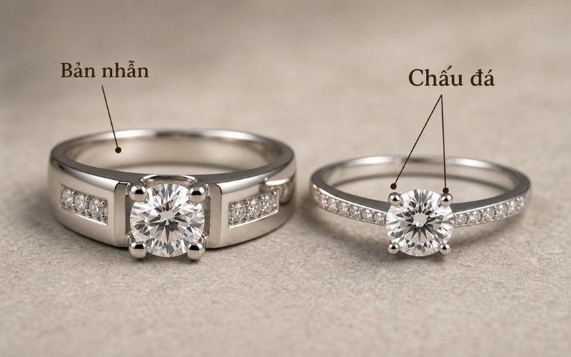 Sự khác biệt về bản nhẫn, chấu giữ đá và số lượng đá tấm trên thiết kế nhẫn