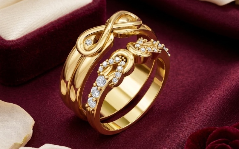Nhẫn cưới A169 gây ấn tượng bởi sự kết hợp hài hòa giữa các dải đai nhẫn đan chéo khéo léo tạo nên biểu tượng vô cực độc đá