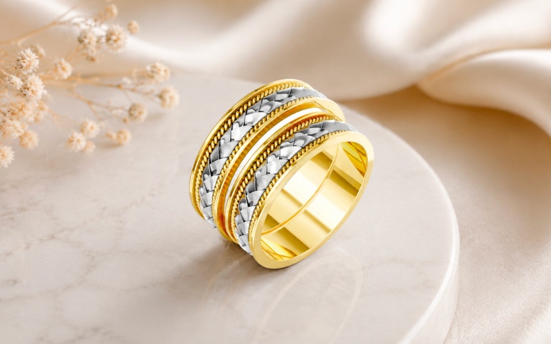 Nhẫn cưới H63 phong cách cổ điển, lịch lãm với đường viền chạm khắc họa tiết hình học