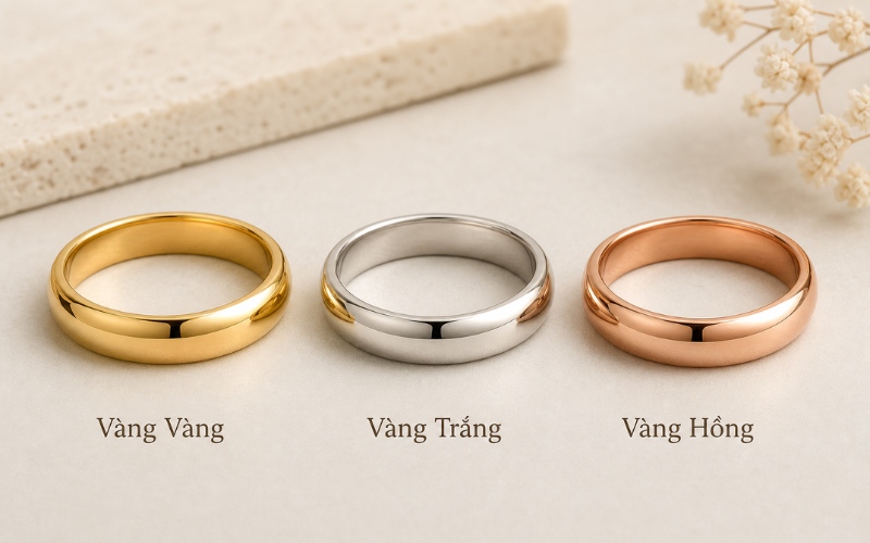 Ba màu nhẫn cưới phổ biến nhất hiện nay là vàng vàng, vàng trắng và vàng hồng