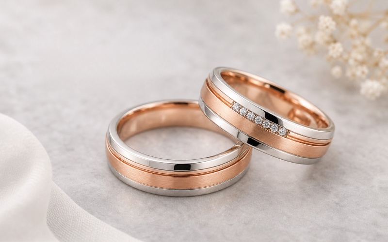 Nhẫn cưới phối màu mang lại sự kết hợp hài hòa từ hai hoặc nhiều tông sắc kim loại khác nhau