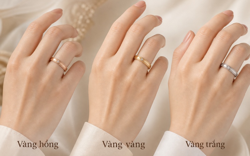 So sánh nhẫn cưới tông màu vàng hồng, vàng vàng và vàng trắng trên tay