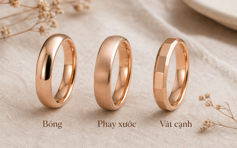 So sánh nhẫn vàng hồng với các kiểu hoàn thiện bề mặt như bóng, phay xước và vát cạnh