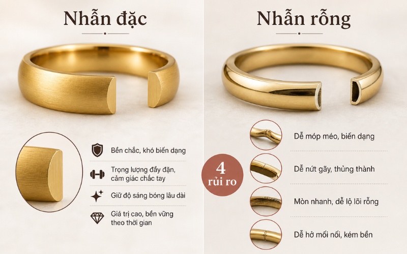 Nhẫn rỗng lòng dễ bị móp méo hoặc nứt gãy trong quá trình đeo hàng ngày