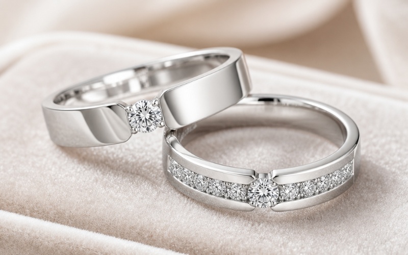 Nhẫn cưới vàng trắng 14K đính viên đá chủ lấp lánh cùng hàng đá tấm nổi bật
