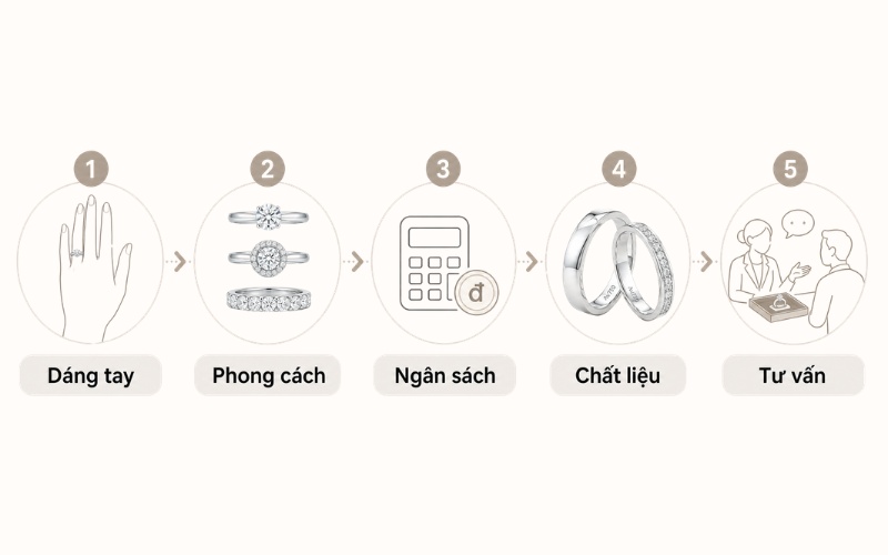 Quy trình chọn nhẫn cưới vàng trắng đính đá tại cửa hàng